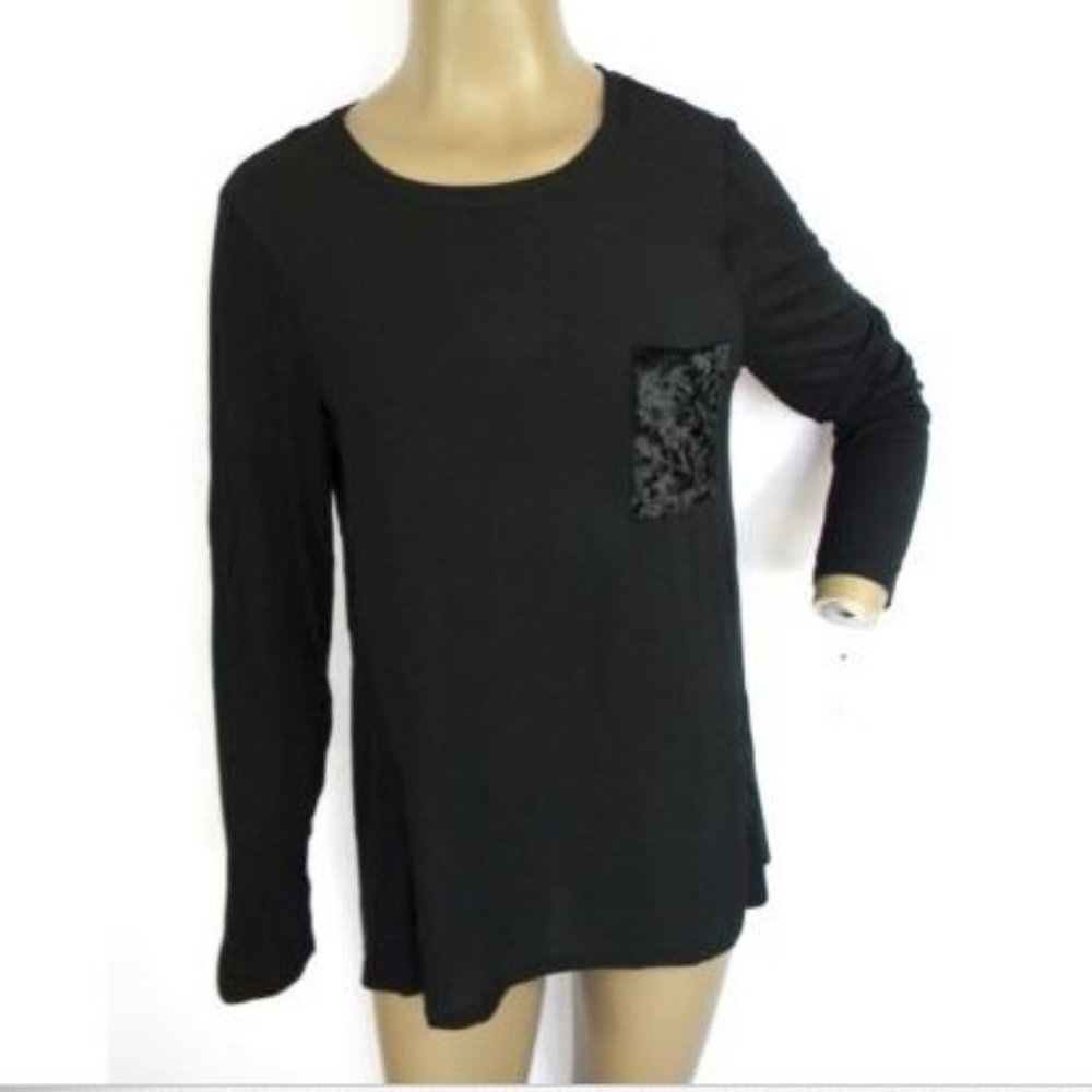 NY Collection Mixed Velvet-Pocket Black Blouse M